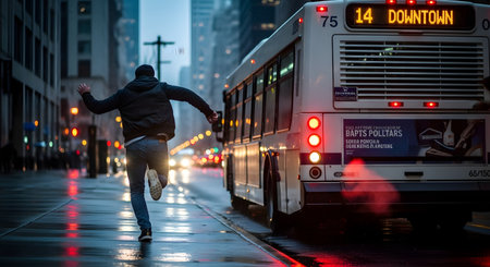 A man is seen from behind, running on a wet city street to catch a bus. The bus, labeled '14 DOWNTOWN', is pulling away. The scene is set in the evening or early morning, with wet pavement reflecting city lights and brake lights, conveying a sense of urgency and haste.の素材