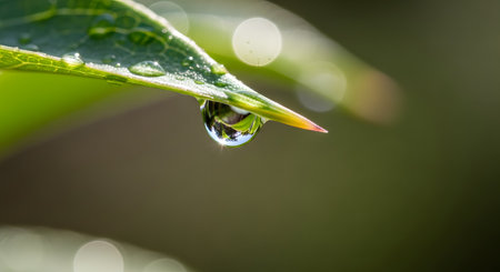 A perfect, crystal-clear water droplet hangs precariously from the tip of a vibrant green leaf in a stunning macro shot. The reflection of the surrounding nature is visible inside the dewdrop, symbolizing purity, life, nature, and the environment.の素材