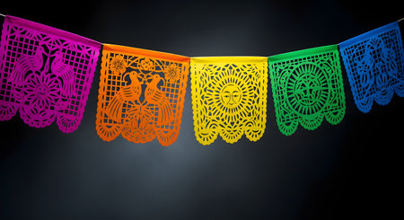A vibrant banner of Mexican papel picado (perforated paper) hangs against a dark background. The colorful flags include intricate cut-out designs of birds, a sun, and flowers, representing a fiesta, celebration, or cultural event.の素材