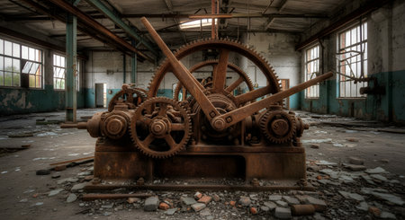Large, rusty gears and cogs of a complex machine sit decaying in the middle of an abandoned factory. The derelict industrial building has peeling paint, large windows, and debris scattered on the floor.の素材
