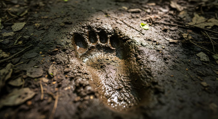 A clear, deep impression of a bear's paw print is left in the wet mud of a forest path, with sunlight highlighting its texture. This image signifies the presence of wildlife, adventure in nature, and tracking animals in their habitat.の素材
