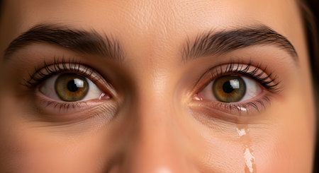 An extreme close-up of a woman's beautiful hazel eyes, with one tear rolling down her cheek. Her eyes are wide and expressive, conveying deep sadness, grief, or vulnerability. The focus is sharp on the eyes and the single tear.の素材