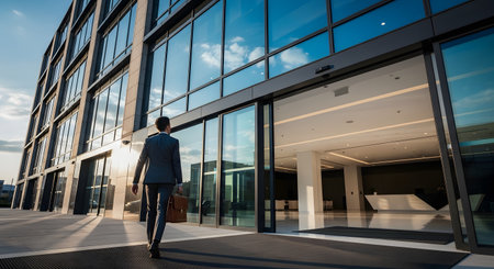 A businessman in a suit, carrying a leather briefcase, walks towards the entrance of a modern glass-facade office building at sunset. The reflection of the sky is visible in the windows. This image represents business, success, corporate life, and ambition.の素材