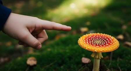 A child's hand is shown pointing towards a colorful red and orange mushroom, likely a fly agaric, growing in a lush green mossy forest. The scene evokes a sense of curiosity, discovery, and caution about nature.の素材