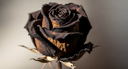 A dramatic close-up of a single rose that has dried and turned a dark, almost black color. The fragile, withered petals still hold their shape, symbolizing lost love, grief, gothic beauty, and the transient nature of life.の素材