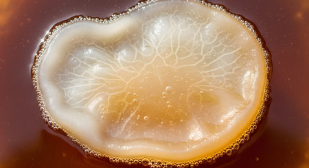 A top-down macro photograph of a kombucha SCOBY (Symbiotic Culture Of Bacteria and Yeast) floating in dark tea. The pale, gelatinous disc has intricate, vein-like patterns and small bubbles, showing the active fermentation process.の素材