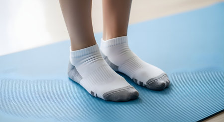 A close-up view of a person's feet wearing clean white and gray ankle socks, standing on a textured blue yoga or exercise mat. The image suggests preparation for a workout, fitness routine, or a yoga session at home or in a gym.の素材