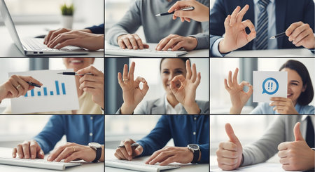 A collage of nine images depicting various business and corporate activities in an office setting. The scenes include people typing on laptops, giving 'OK' and 'thumbs up' gestures, and presenting charts, symbolizing teamwork, success, and productivity.の素材