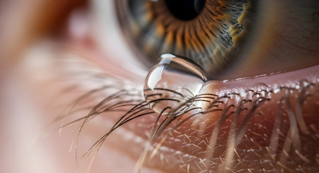 An extreme macro shot captures a single, perfect teardrop balancing on the lower eyelashes of a human eye. The image beautifully details the reflection within the tear and the intricate texture of the iris, conveying powerful emotions of sadness, grief, or joy.の素材