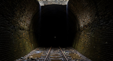 A view from inside a dark, wet, and decaying brick railway tunnel, looking down the tracks towards a tiny pinprick of light in the far distance. The scene is eerie and atmospheric, symbolizing mystery, hope, the unknown, or a journey's end.の素材