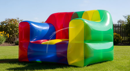 A retro, brightly colored inflatable armchair in shades of red, blue, green, and yellow sits on a perfectly green lawn on a sunny day. The 90s-style blow-up furniture evokes a sense of fun, nostalgia, and summer relaxation.の素材