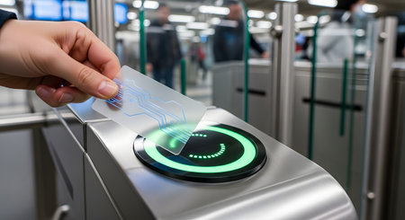 A person's hand holds a transparent key card with a visible blue circuit, tapping it on a glowing green contactless reader at a public transit turnstile. The image represents futuristic technology, secure access control, smart cards, and modern public transportation.の素材