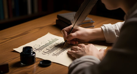 A person is captured writing elegant calligraphy on parchment paper with a traditional feather quill pen in a dimly lit, historic setting. An inkwell and old books sit on the wooden desk, evoking themes of history, literature, and the art of handwriting.の素材