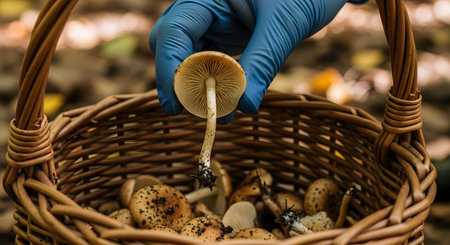 A person wearing a blue glove carefully places a freshly picked wild mushroom into a woven wicker basket. The basket is already partially full of other foraged mushrooms (like honey fungus), and the scene is set in a forest.の素材