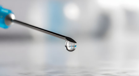 An extreme macro shot of a hypodermic needle with a single, clear drop of liquid, such as a vaccine or medicine, forming at its tip. The sterile and clinical background is softly blurred, focusing attention on the needle and the concept of medical treatment, vaccination, or scientific research.の素材