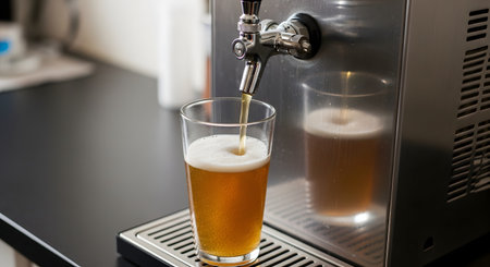 A pint glass is being filled with golden, foamy craft beer from a chrome tap on a stainless steel kegerator. The scene takes place on a dark countertop, likely in a home bar or kitchen.の素材