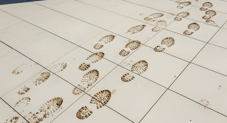 A high-angle view of muddy boot prints trailing across a clean, light-colored tiled floor. The distinct footprints leave a messy trail, symbolizing mess, dirt, cleaning, or evidence of someone walking.の素材