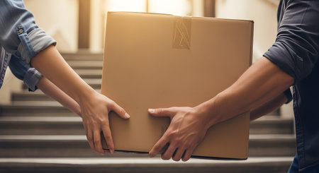 A close-up of a cardboard box being passed from one person's hands to another's. The exchange happens on a set of stairs, representing delivery, moving, giving, or sharing. Warm light illuminates the scene.の素材