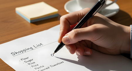 A close-up of a hand holding a black pen, about to check off an item on a printed "Shopping List." The list includes basic groceries like flour, sugar, and rice, with a coffee cup and sticky notes blurred in the background.の素材