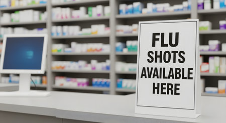 A sign reading 'FLU SHOTS AVAILABLE HERE' is prominently displayed on the counter of a clean, modern pharmacy. The background shows blurred shelves stocked with various medicines, symbolizing healthcare, vaccination, and preventative medicine during flu season.の素材