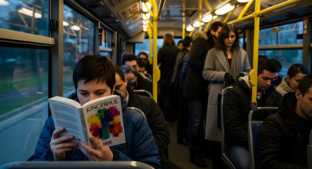 A young person is engrossed in reading a book while traveling on a crowded public bus during the evening or early morning. Other passengers are visible in the background, highlighting the daily commute and the act of finding a personal moment in a public space.の素材