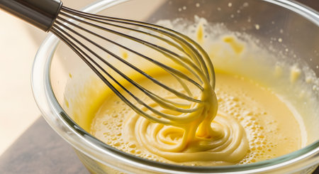 A metal wire whisk is mixing a yellow, creamy batter in a clear glass bowl. The batter is forming thick swirls and ribbons as it is lifted by the whisk, suggesting baking or cooking.の素材