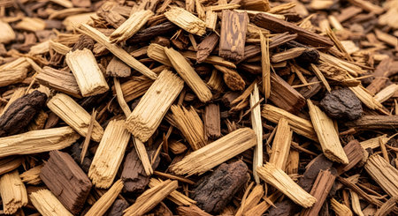 A detailed close-up shot of a pile of wood chips used for garden mulch and landscaping. The image shows a variety of shapes, sizes, and shades of brown, creating a rich natural texture.の素材