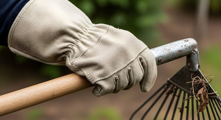 A detailed close-up of a person's hand wearing a durable canvas work glove, firmly holding the wooden handle of a garden leaf rake. The image focuses on the tools and preparation for yard work, such as raking leaves or preparing soil, representing gardening and seasonal cleanup.の素材