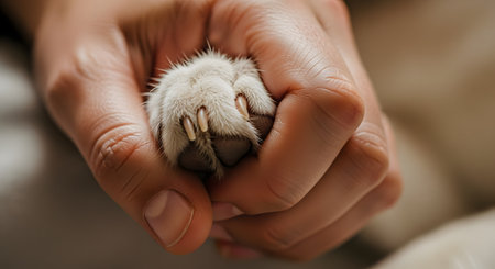 A tender close-up of a human hand gently holding the soft paw of a cat, with its claws visible. The image captures a moment of connection, trust, and friendship between a person and their pet. It represents love for animals and companionship.の素材