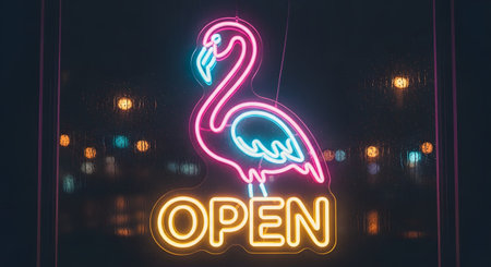 A vibrant neon sign featuring a pink and blue flamingo glows brightly in a window at night, above the word "OPEN" in yellow. The retro-style sign creates a welcoming and trendy ambiance, with blurred city lights reflected in the glass.の素材