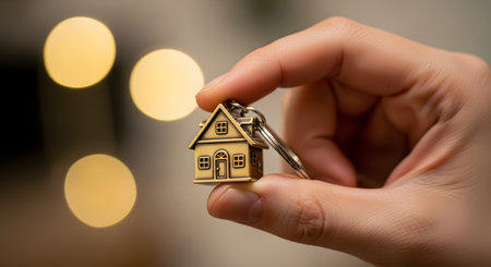 A person's hand holds a small, bronze-colored, house-shaped keychain, with a blurred background of warm bokeh lights. The image symbolizes new homes, real estate, homeownership, and property.の素材