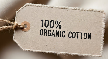 A macro shot of a brown, recycled paper clothing tag with the text '100% ORGANIC COTTON' printed in black. The tag is attached with a natural twine, symbolizing sustainable fashion, eco-friendly materials, and conscious consumerism.の素材