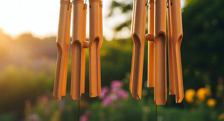 Bamboo wind chimes hang in a garden, glowing in the warm light of a setting or rising sun. The background is a soft-focus bokeh of green foliage and colorful flowers, creating a peaceful, zen, and relaxing atmosphere.の素材