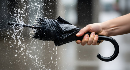 A close-up of a hand firmly gripping a closed black umbrella, shaking it to remove excess rainwater. Water droplets are captured in mid-air, splashing from the wet fabric, symbolizing the end of a downpour.の素材