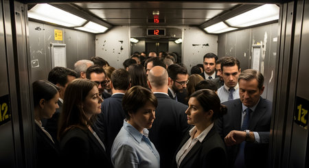 A crowded, tense elevator filled with business professionals in suits and office attire. The people are standing close together in the cramped space, looking serious or preoccupied, with one man checking his watch.の素材