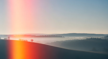 A serene landscape shows rolling hills covered in a dense forest, blanketed by a thick layer of white mist at sunrise. An ethereal orange and red light leak effect is visible in the foreground, adding a dreamy and artistic quality to the tranquil scene.の素材
