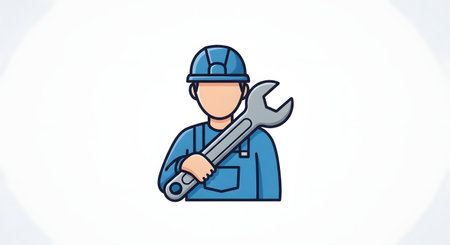 A simple 2D vector icon or cartoon of a repairman, mechanic, or construction worker. The character is faceless and wears a blue hard hat and overalls while holding a large grey wrench.の素材
