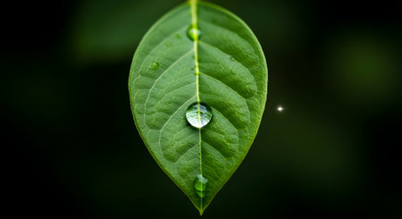 A macro close-up of a single vibrant green leaf with a large, clear water droplet resting in its center. The leaf's intricate veins are visible, and the background is dark and blurred, highlighting the leaf and droplet. This image symbolizes purity, nature, life, and ecology.の素材