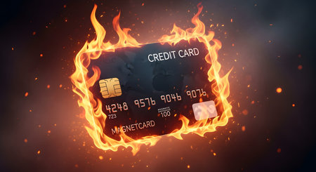 A black credit card is engulfed in bright orange flames against a dark, dramatic background. This conceptual image represents financial problems such as debt, bankruptcy, overspending, or a financial crisis.の素材
