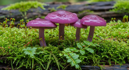 A cluster of small, vibrant purple mushrooms growing out of a decaying log covered in lush, green moss. The shiny, wet caps of the fungi stand out against the green and brown forest floor, creating a beautiful, natural scene.の素材