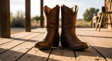 A pair of worn, brown leather cowboy boots with decorative stitching stands on a sunlit, rustic wooden porch. The background is softly blurred, evoking a sense of western, country, or rural lifestyle.の素材