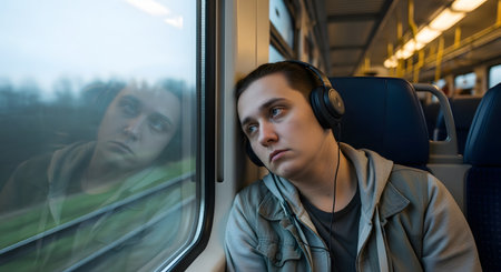 A young man wearing headphones looks out the window of a moving train with a pensive and melancholic expression. His reflection is visible in the glass, suggesting themes of travel, introspection, loneliness, and contemplation.の素材