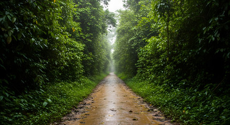 A straight, muddy dirt road or path cuts through a dense, lush green tropical rainforest. The tall trees form a natural tunnel, and the damp atmosphere suggests recent rain, creating a sense of adventure and immersion in nature.の素材
