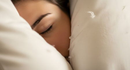An extreme close-up of a young woman's face as she sleeps peacefully. Her eye is closed with long eyelashes, and her cheek is pressed against a soft white pillow. The image is calm and serene.の素材
