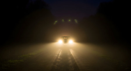 A car's bright headlights cut through thick fog on a dark, rural road at night. The beams illuminate the wet pavement and the grassy edges of the road, creating a mysterious and slightly eerie atmosphere.の素材