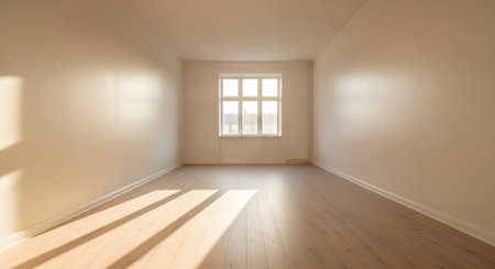 An empty room with light beige walls and a light wood floor. Bright sunlight streams through a white-paned window, casting shadows on the floor. The unfurnished space represents a new home, moving, or a blank slate.の素材
