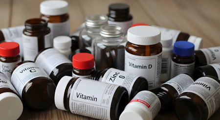 A scattered pile of various vitamin and dietary supplement bottles, including Vitamin C, Vitamin D, and Zinc, on a wooden surface. The image represents health, wellness, nutrition, and the pharmaceutical industry.の素材