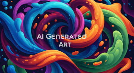 A vibrant and colorful abstract digital artwork featuring fluid, swirling shapes in hues of blue, orange, pink, and green. The text 'AI GENERATED ART' is written in the center, representing the intersection of technology and creativity.の素材