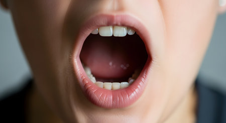 A close-up shot of a person's wide-open mouth, as if shouting, screaming, or singing loudly. The image focuses on the teeth, tongue, and lips, conveying strong emotions like surprise, anger, or excitement.の素材