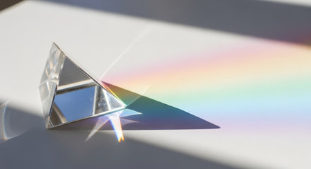 A clear glass prism sits on a white surface, refracting a beam of sunlight into a beautiful rainbow spectrum. The image illustrates the scientific principle of light dispersion and can represent concepts of physics, optics, creativity, and diversity.の素材
